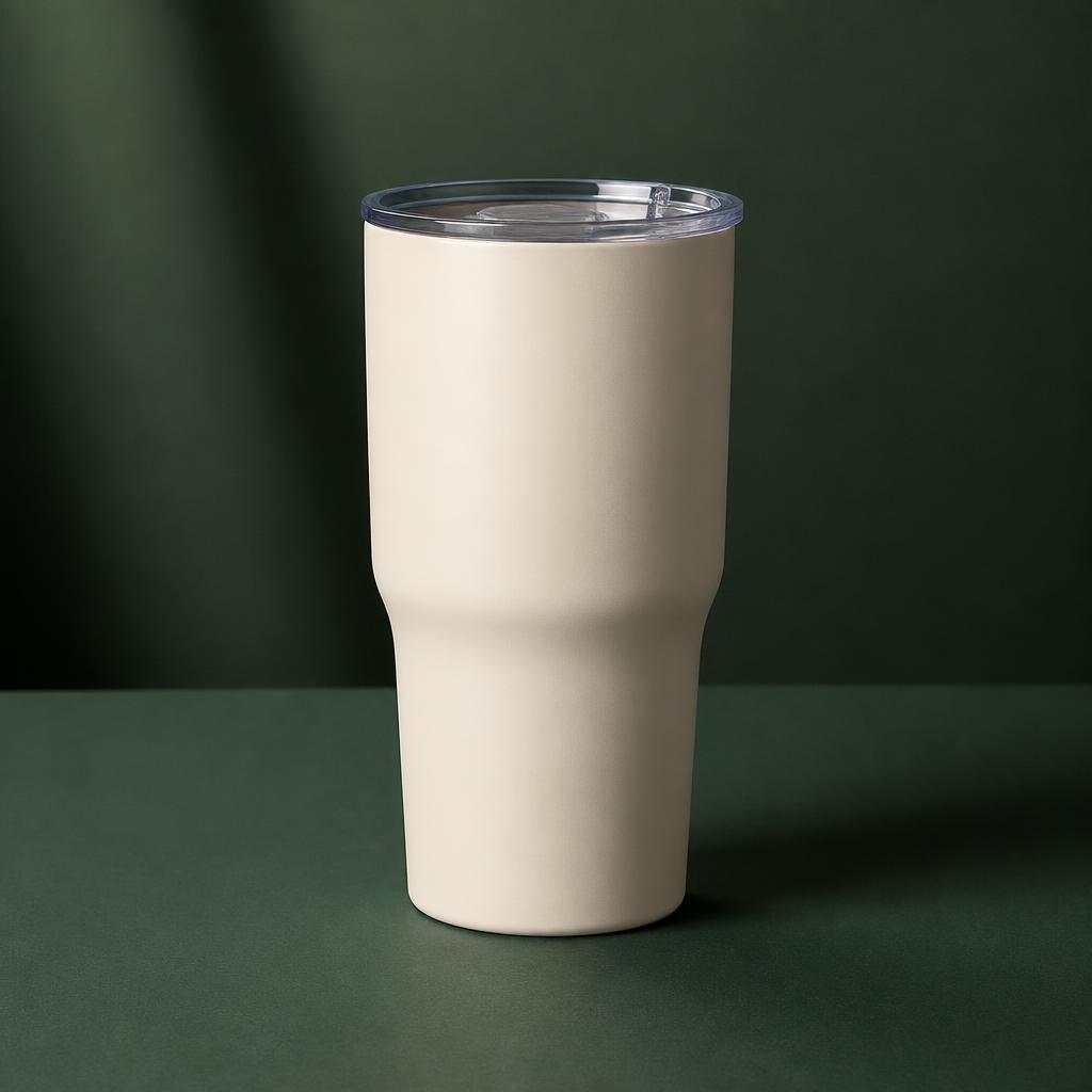 Cream insulated travel tumbler with the CF rope emblem on the front