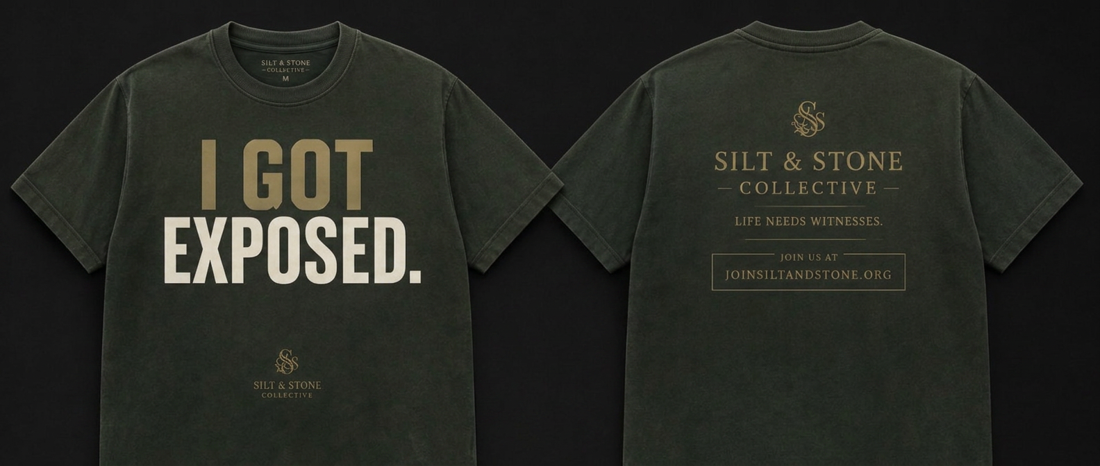 Deep forest green garment-dyed heavyweight t-shirt shown front and back with large I GOT EXPOSED. typography