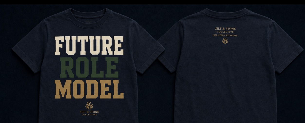 Navy heavyweight kids t-shirt shown front and back with large cream, forest and brass FUTURE ROLE MODEL lettering