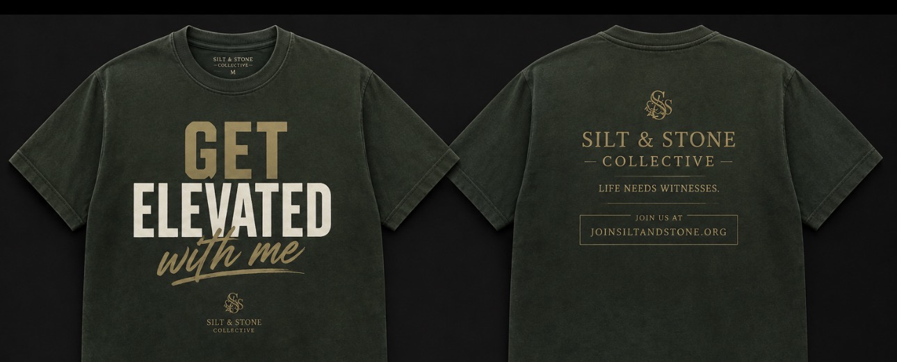 Deep forest green garment-dyed heavyweight t-shirt shown front and back with GET ELEVATED with me typography