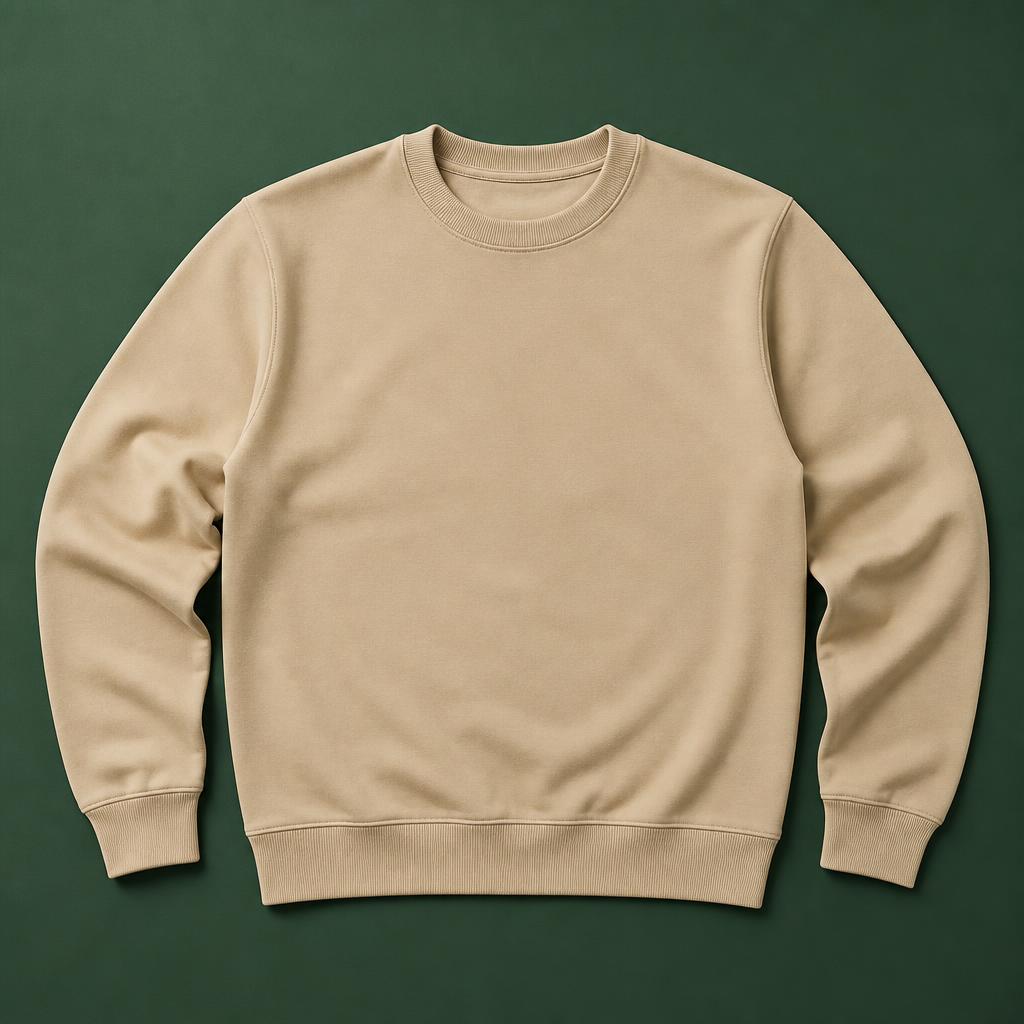 Sand-colored crewneck sweatshirt with the CF rope emblem on the left chest
