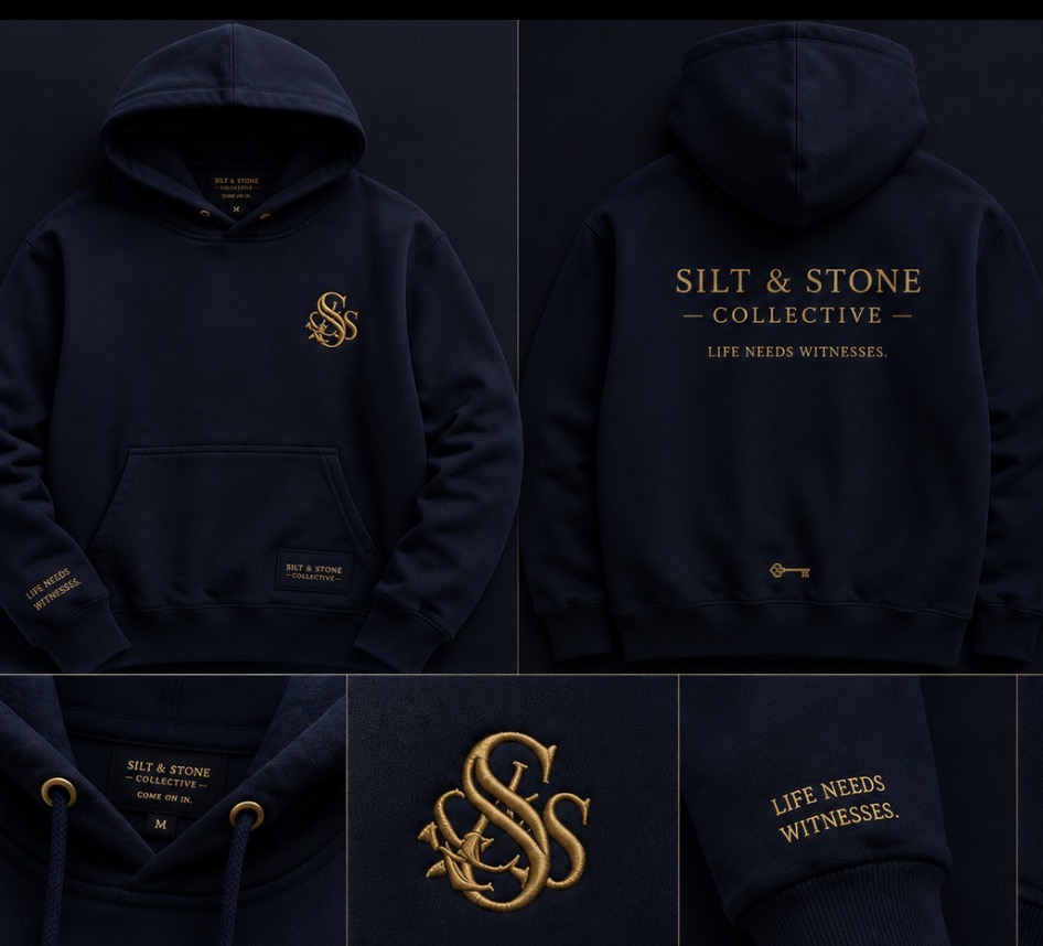 Midnight navy heavyweight hoodie shown front and back with embroidered S&S emblem and Life Needs Witnesses. details
