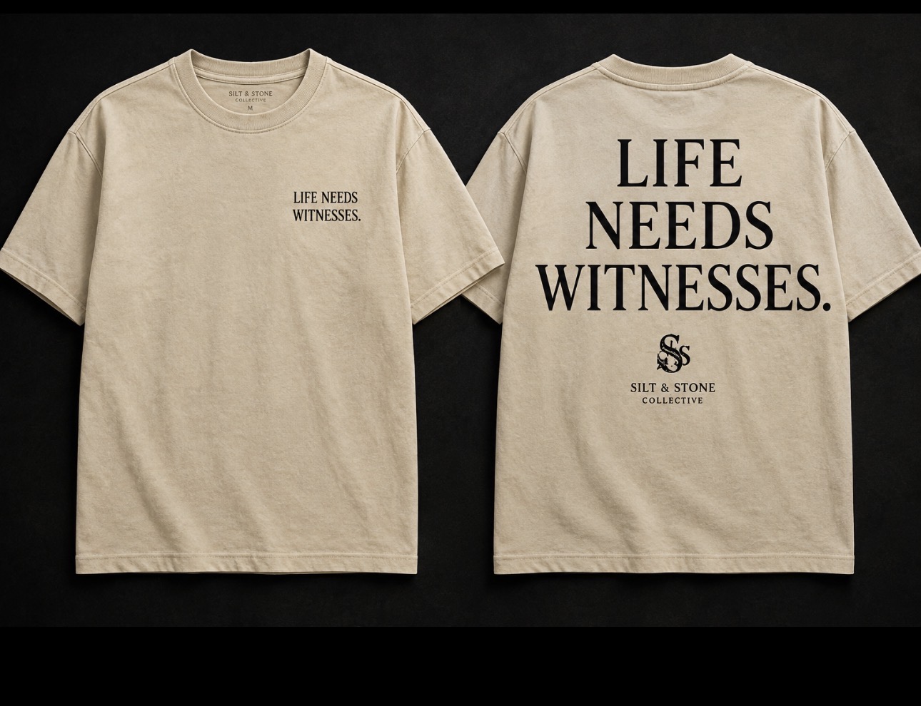 Sand heavyweight tee shown front and back: small LIFE NEEDS WITNESSES. chest text and large back typography with the S&S emblem