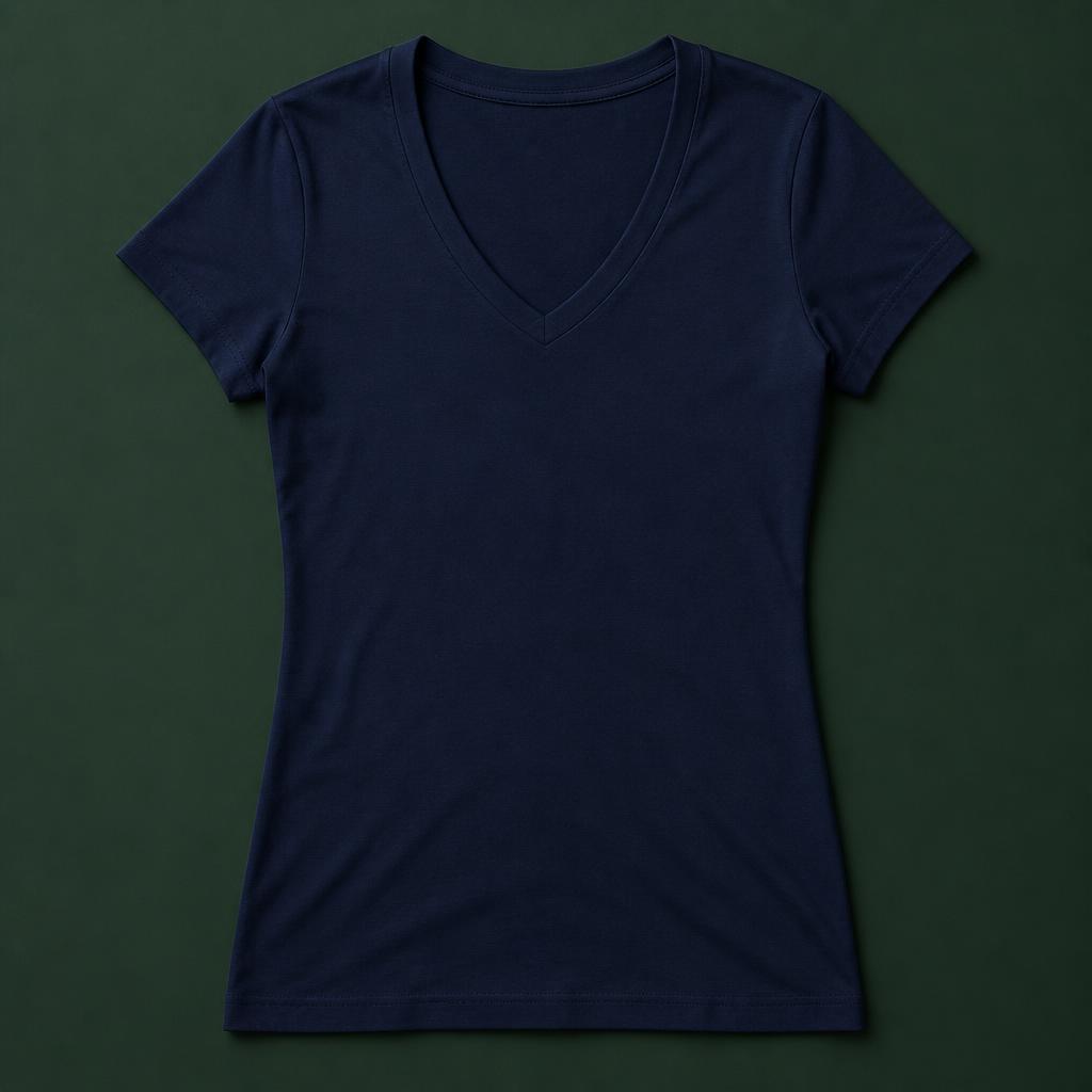 Navy fitted women's v-neck tee with the CF rope emblem and gold script reading thicker than water