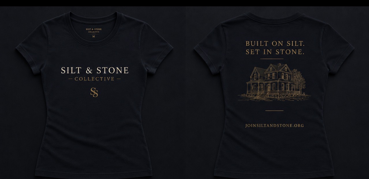 Midnight navy heavyweight tee shown front and back: SILT & STONE COLLECTIVE chest lettering and BUILT ON SILT. SET IN STONE. house illustration on the back