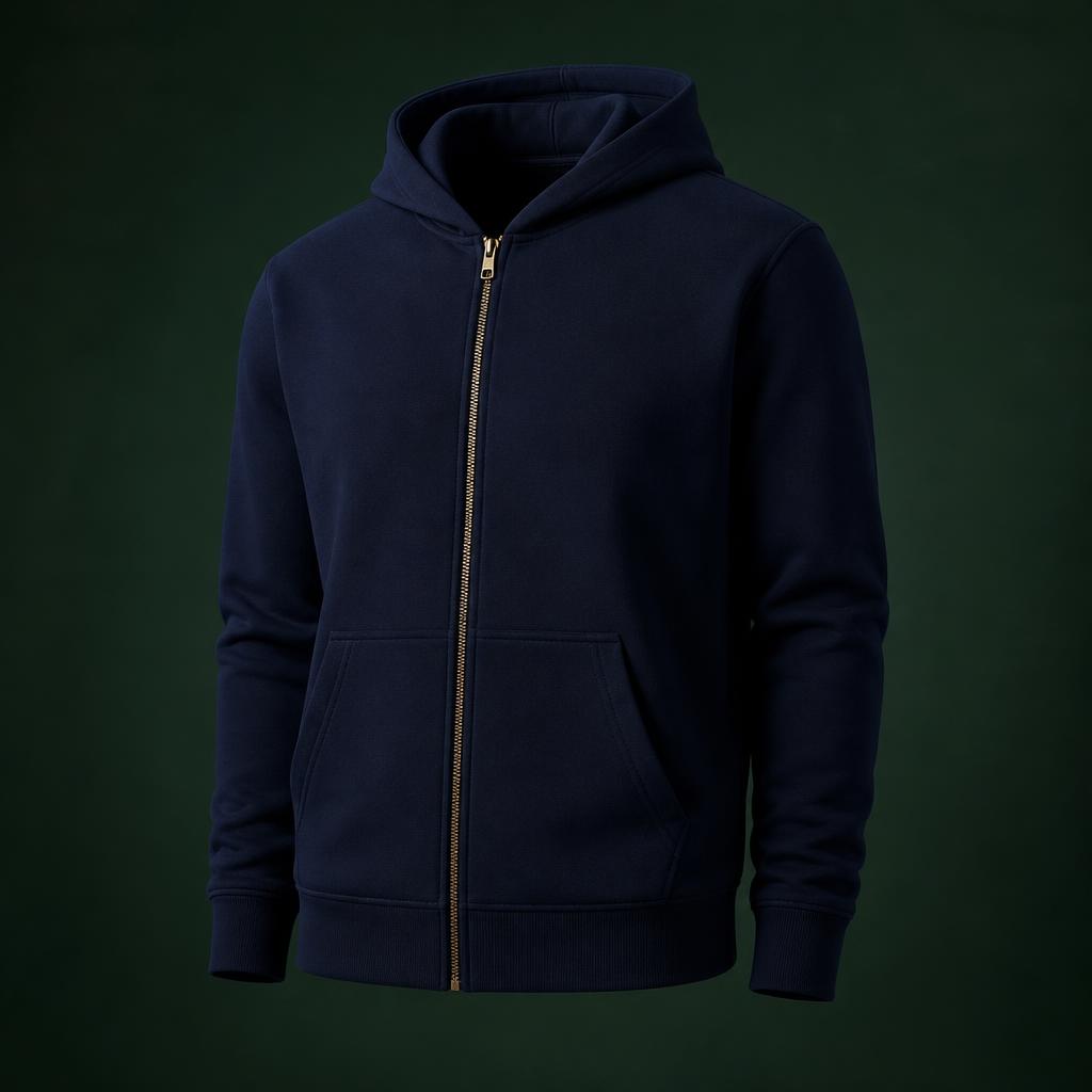 Navy zip-up hoodie with the CF rope emblem on the chest