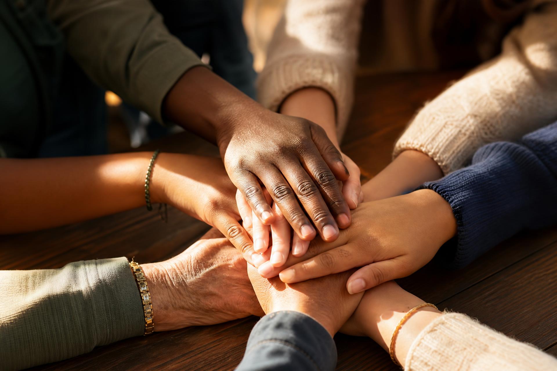 A circle of hands representing shared community investment
