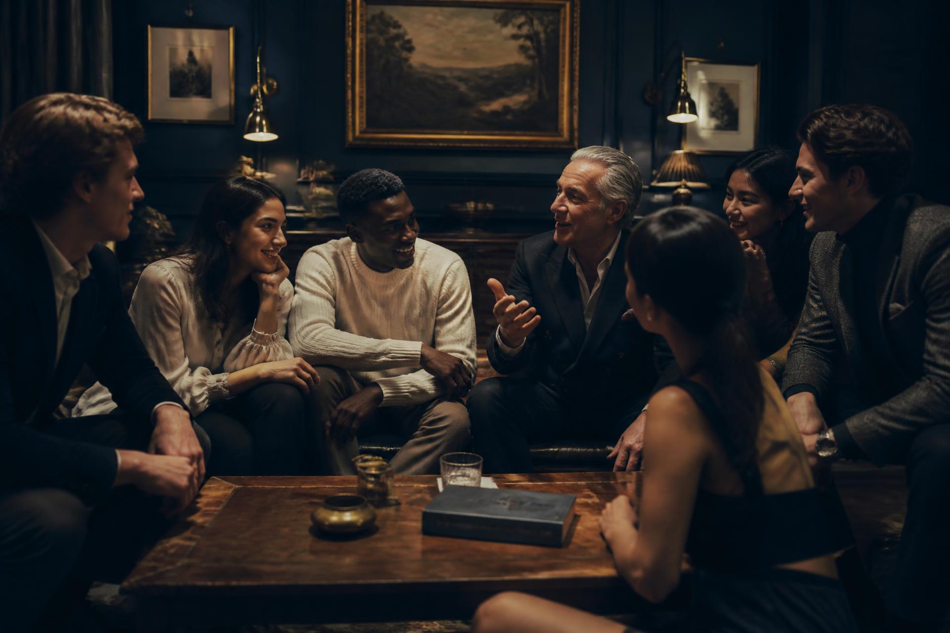 People from different places gathered close in a warm, low-lit room
